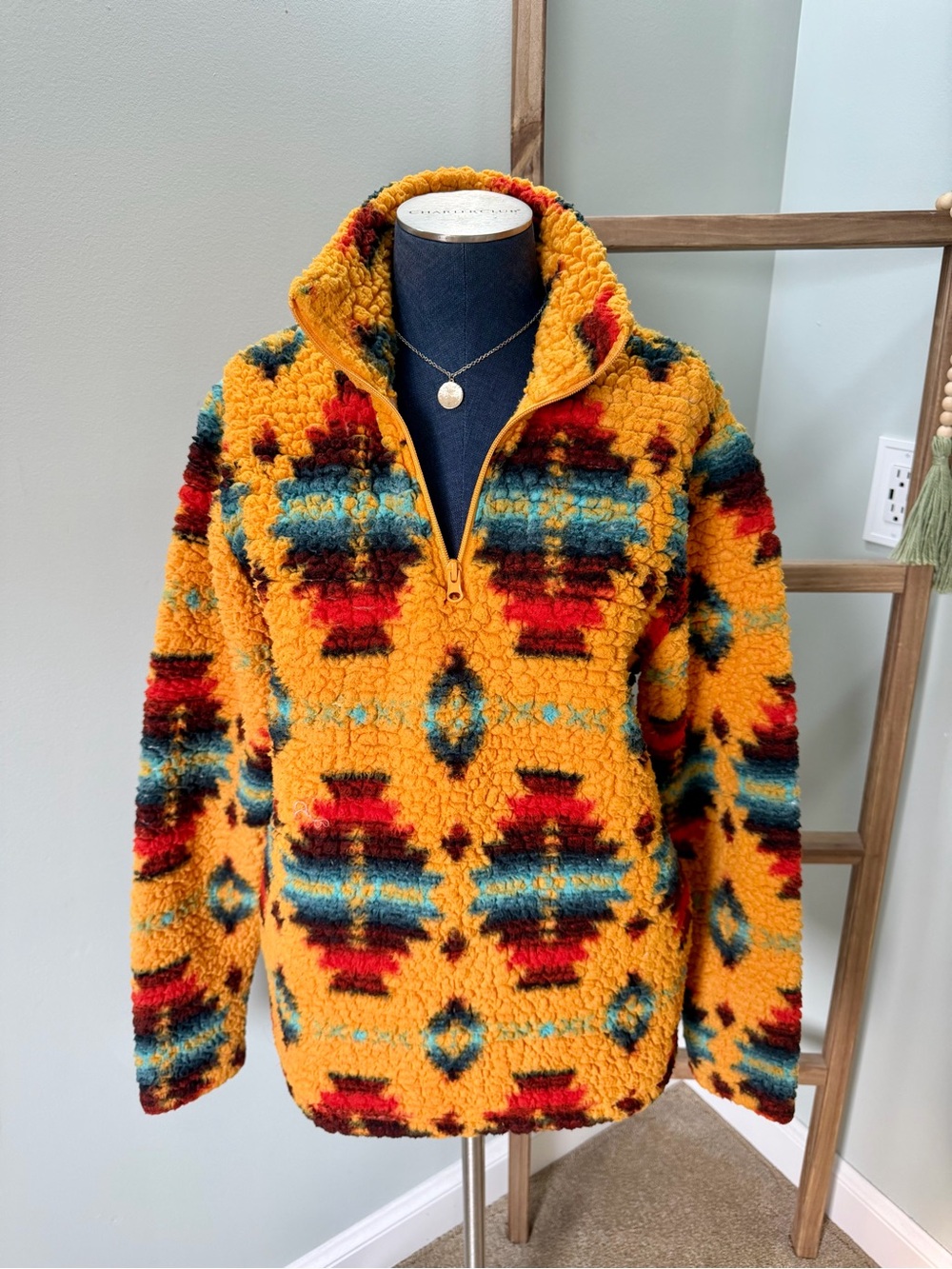 Wrangler Yellow Southwestern Aztec Sherpa Fleece Quarter Zip Pullover Size Large